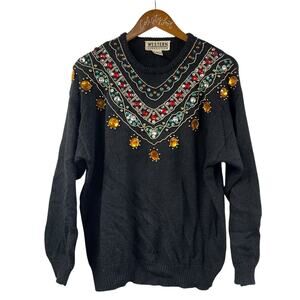 Not So Ugly Christmas Sweater Gems Beads Vintage V Neck Western Connection Large